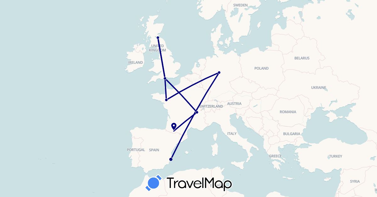 TravelMap itinerary: driving in Germany, Spain, France, United Kingdom (Europe)